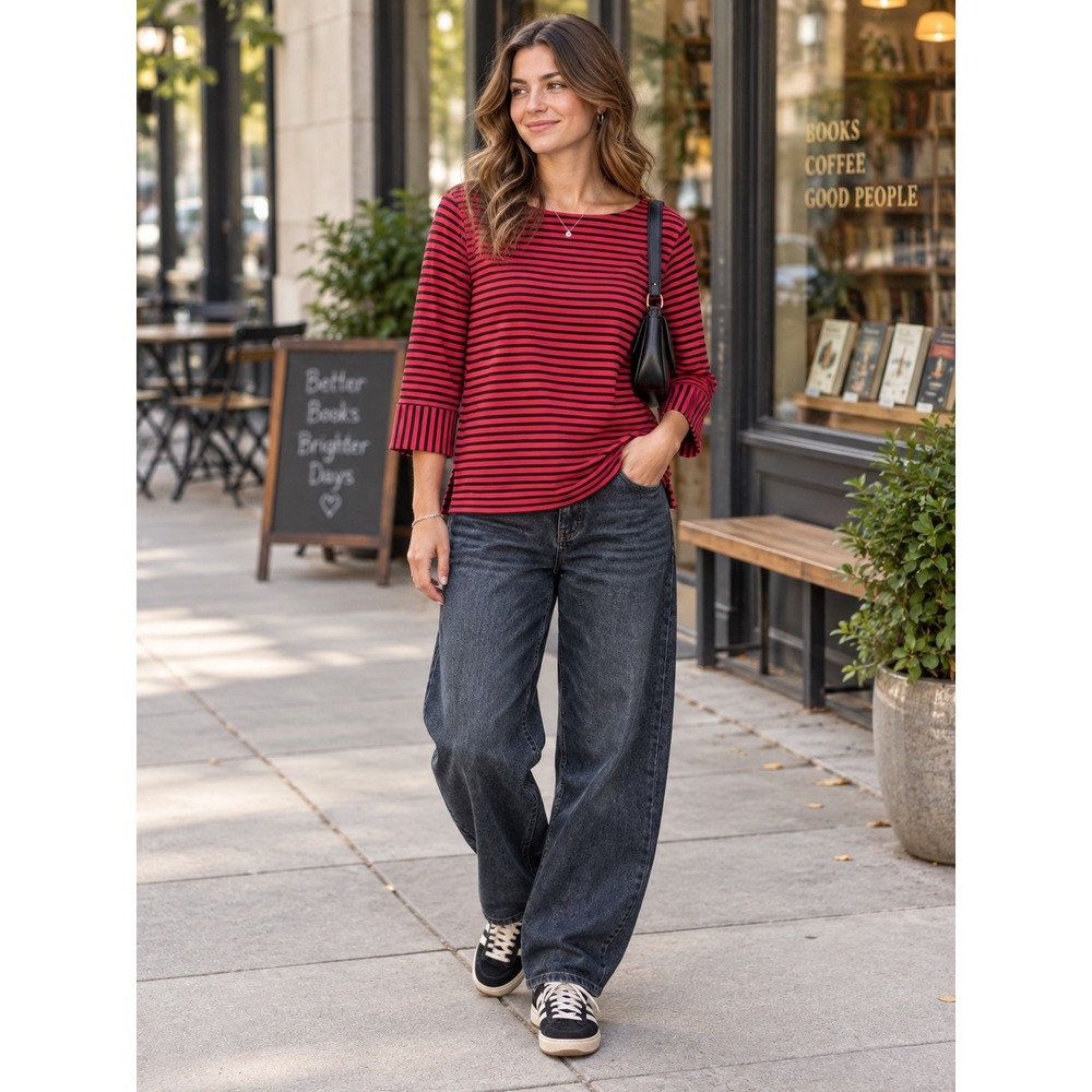 Talbots Womens XL Red Navy Blue Striped Boat Neck 3/4 Sleeve Knit Top Side Slit